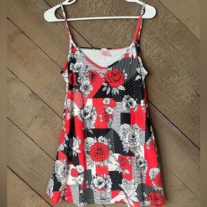 Vatanas Red, White, And Black Floral Top With Spaghetti Straps and Pockets